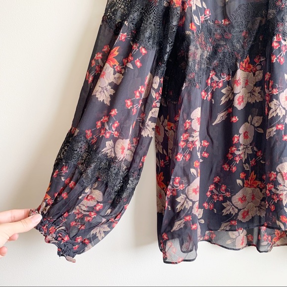 SOLD Zara | Sheer Navy Floral Blouse Lace Accents - Picture 2 of 8